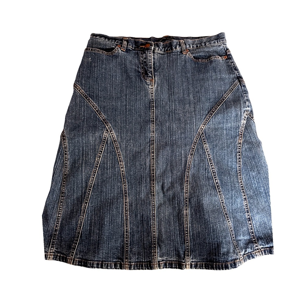 New York & Company Denim Midi Skirt Blue Paneled A-Line Jean Skirt Size 10